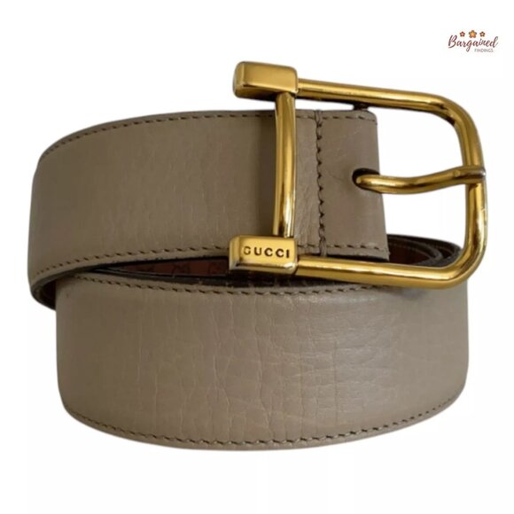 Authentic Taupe Calfskin Leather Gold Pin Buckle Belt Size...
